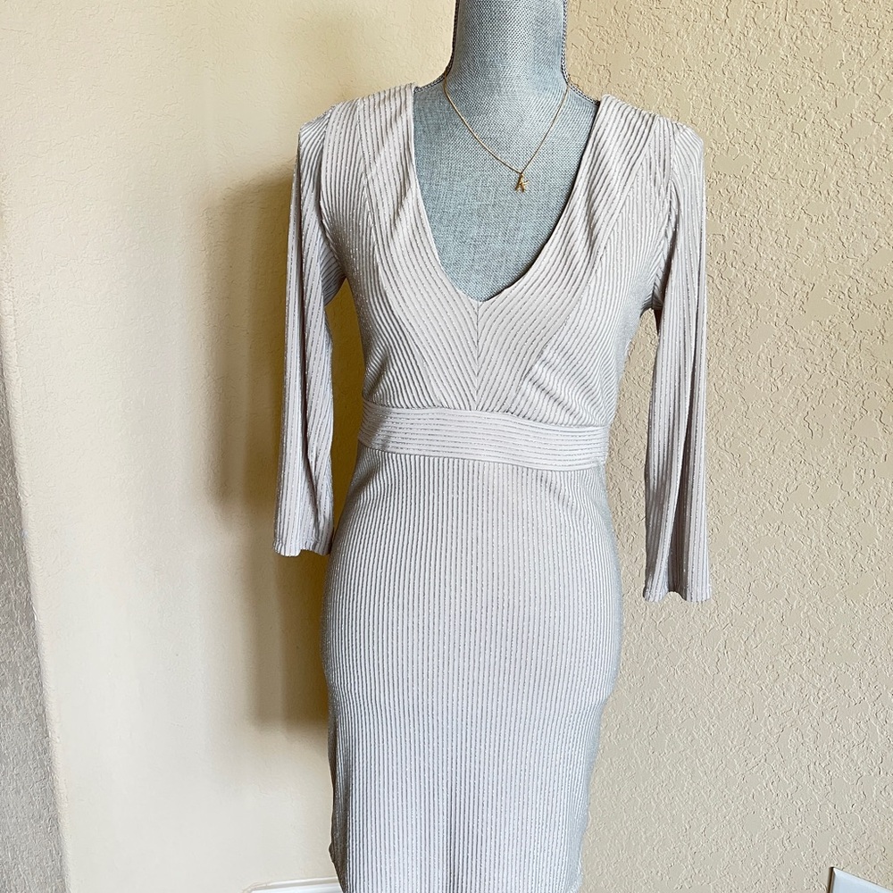 Neutral Ribbed V-Neck Bodycon Dress - Beige